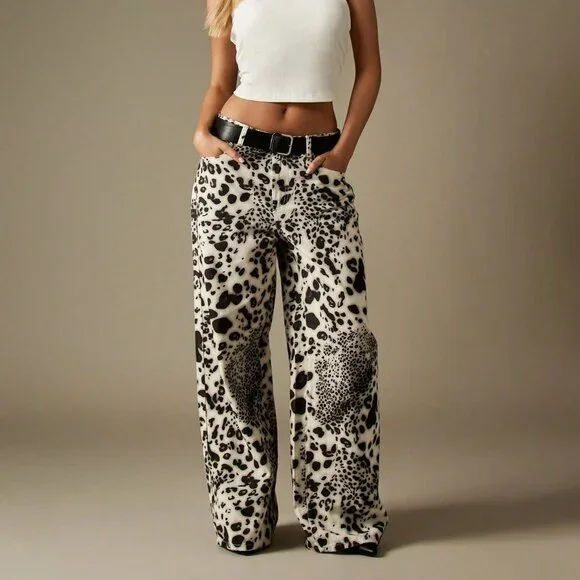 Multicolor Casual Women's Mid Rise Baggy Animal Print Palazzo Jeans - Picture 1 of 6